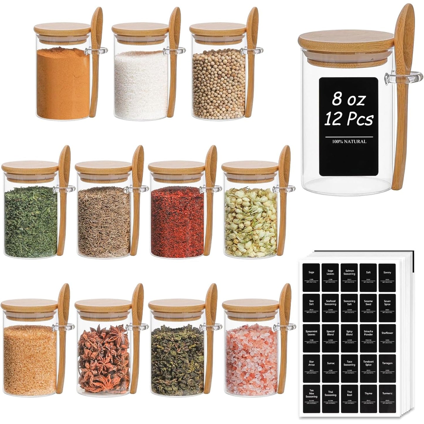 ComSaf 16Pcs Glass Spice Jars with Bamboo Lid, 4oz Airtight Square Spice Containers with 275 Black Lables, Empty Seasoning Jars for Spice Salt Sugar