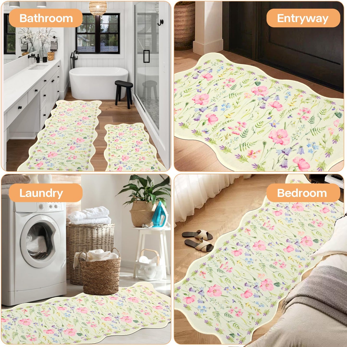 PCSWEET HOME Spring Summer Kitchen Rug Sets 3 Piece Scalloped Green Kitchen Rug Set Non-Slip Washable Comfort Standing Mat for Laundry Room, Bar, Office 20 "x32+20 "x47+20 "x59