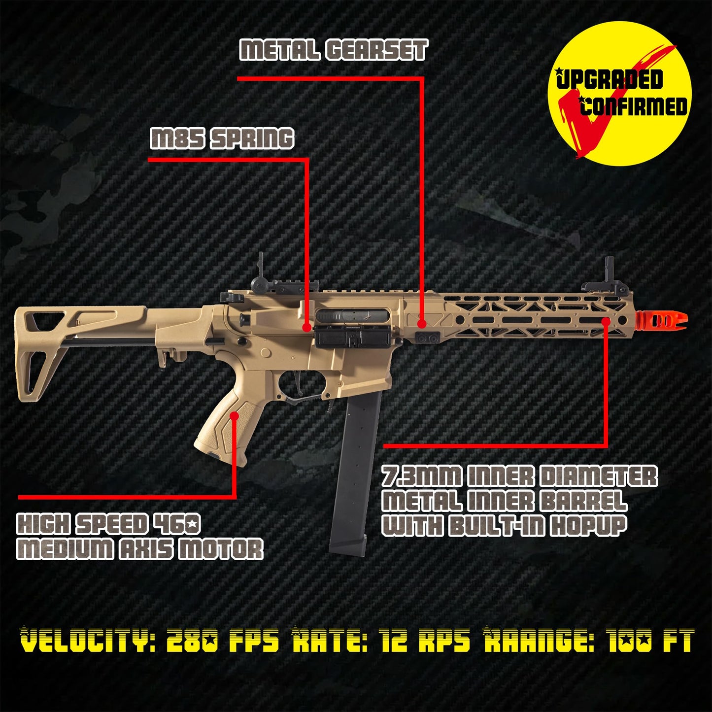 EMERBU Pro-Grade Splatter Gel Ball Blaster ARP9 Plus - Metal and Nylon Body - Metal Gearset - Semi and Full Automatic Splat 12 Orby per Second - 7.4V Rechargeable Battery Powered - for Ages 15+(TAN)