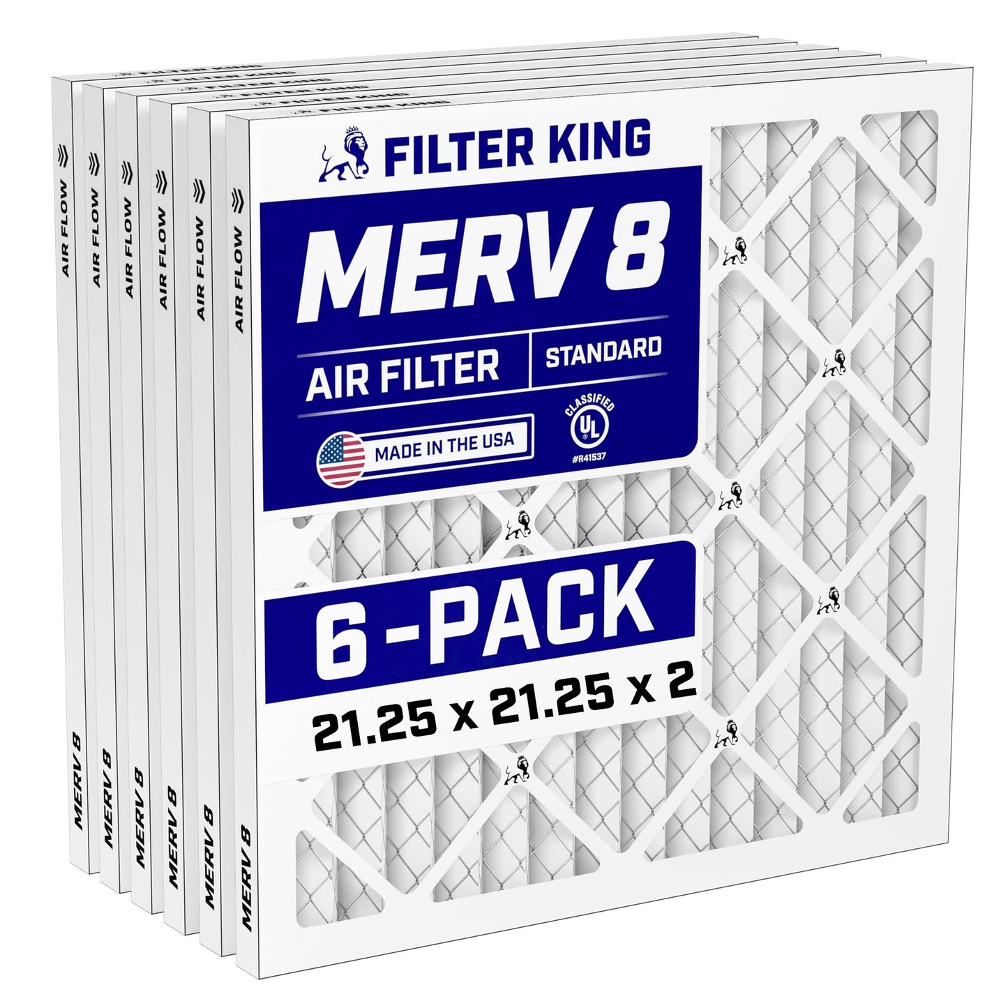 Filter King 21.25x21.25x2 Air Filter (MERV 8) (6-Pack) Dust & Allergy Control AC Furnace Filters, MADE IN USA, HVAC, Pleated, Electrostatic (Actual Size: 21.25 x 21.25 x 1.75)