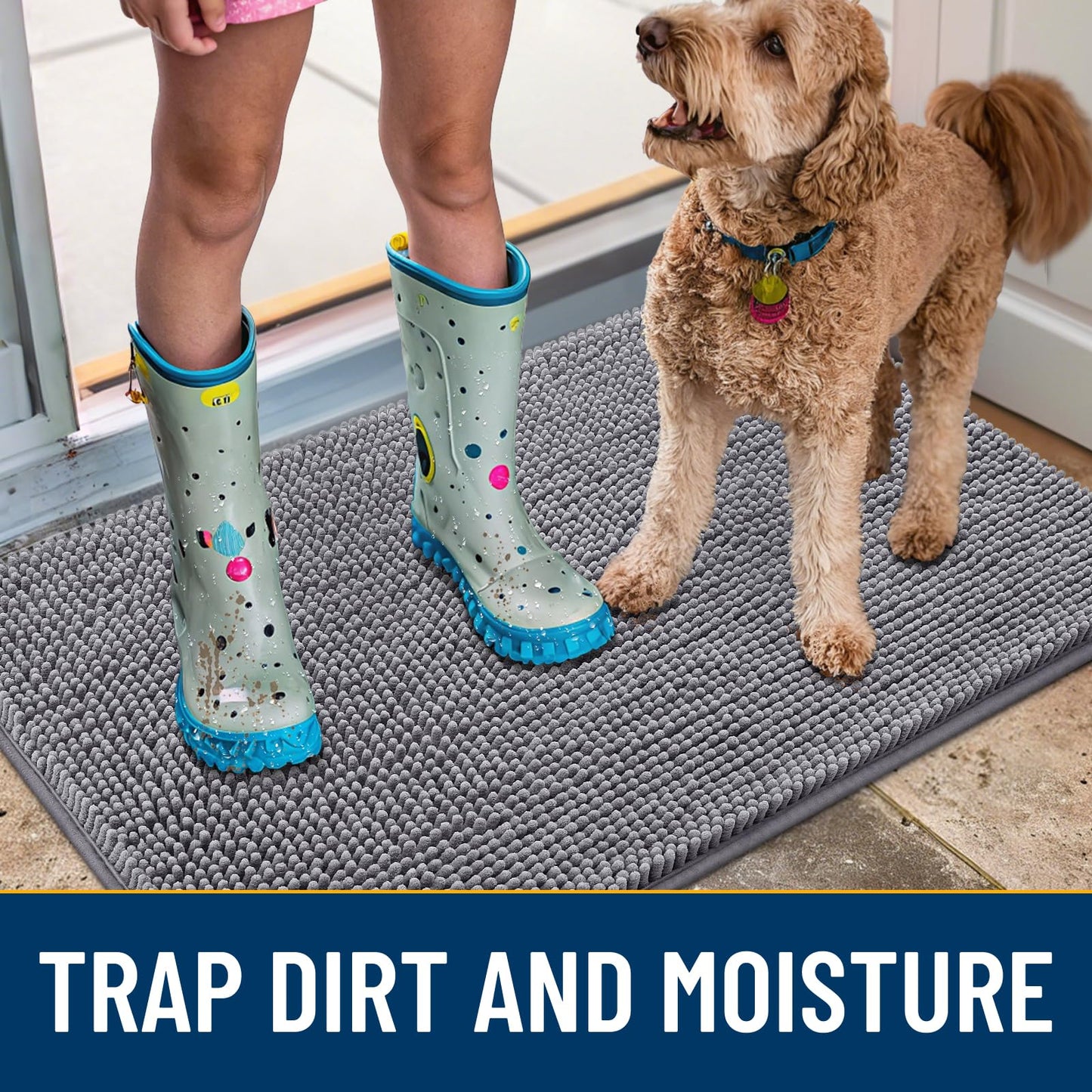 Smiry Dog Door Mat for Muddy Paws 30x20, Absorbent Dirt Trapper, Non-Slip Washable Chenille Entryway Rug for Inside Floor, Grey, Classic Solid