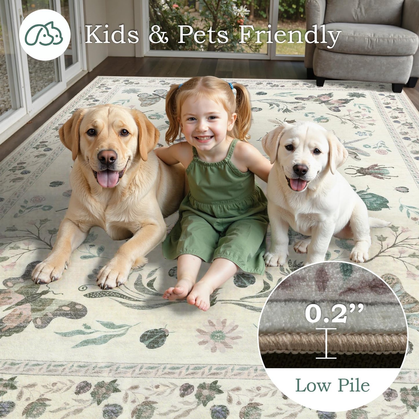 Dadasgk Insect Print Washable Area Rugs 5x7, Soft Rugs for Living Room, Ultra-Thin Non Slip Modern Bedroom Rug, Throw Rug Large Boho Carpet for Dining Room Kids Nursery Office, Beige