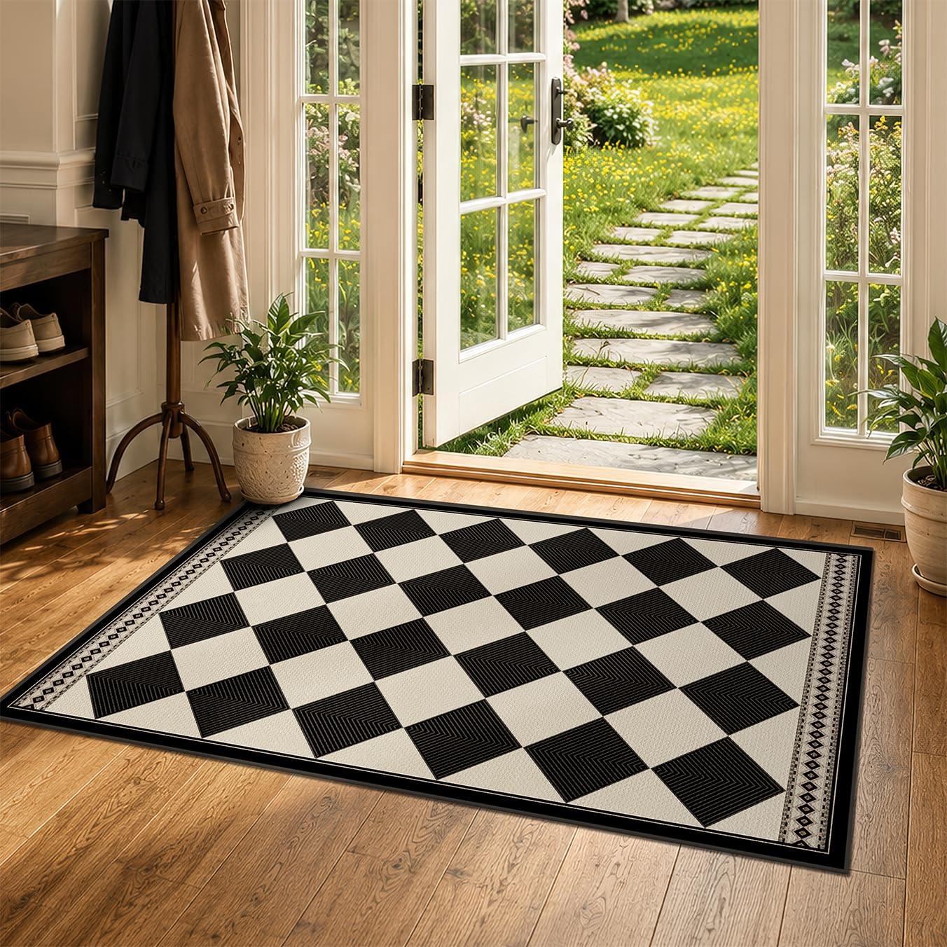 Black and White Diamond Outdoor Easy Jute Front Porch Rug 3x5, Washable Non-Slip Checkered Entryway Rug, Modern Farmhouse Boho Low Pile Indoor Carpet for Living Room, Kitchen, Mudroom, Laundry Room
