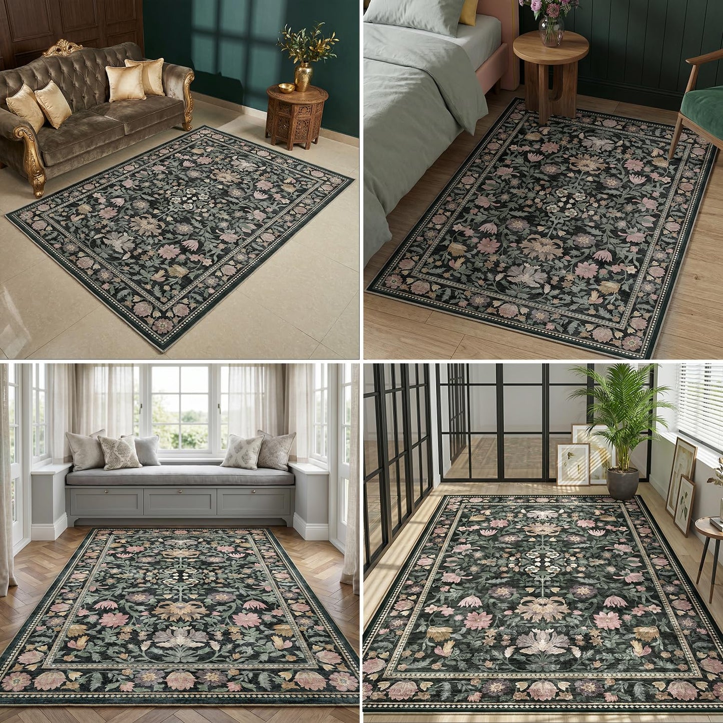 Cnythlis Washable Area Rug, Botanical Floral Living Room Carpet, 0.3" Low Pile Soft Rug, Non-Slip Silicone Grip Backing, Water-Resistant for Bedroom, Dining Room, Charcoal Green, 5'x7'