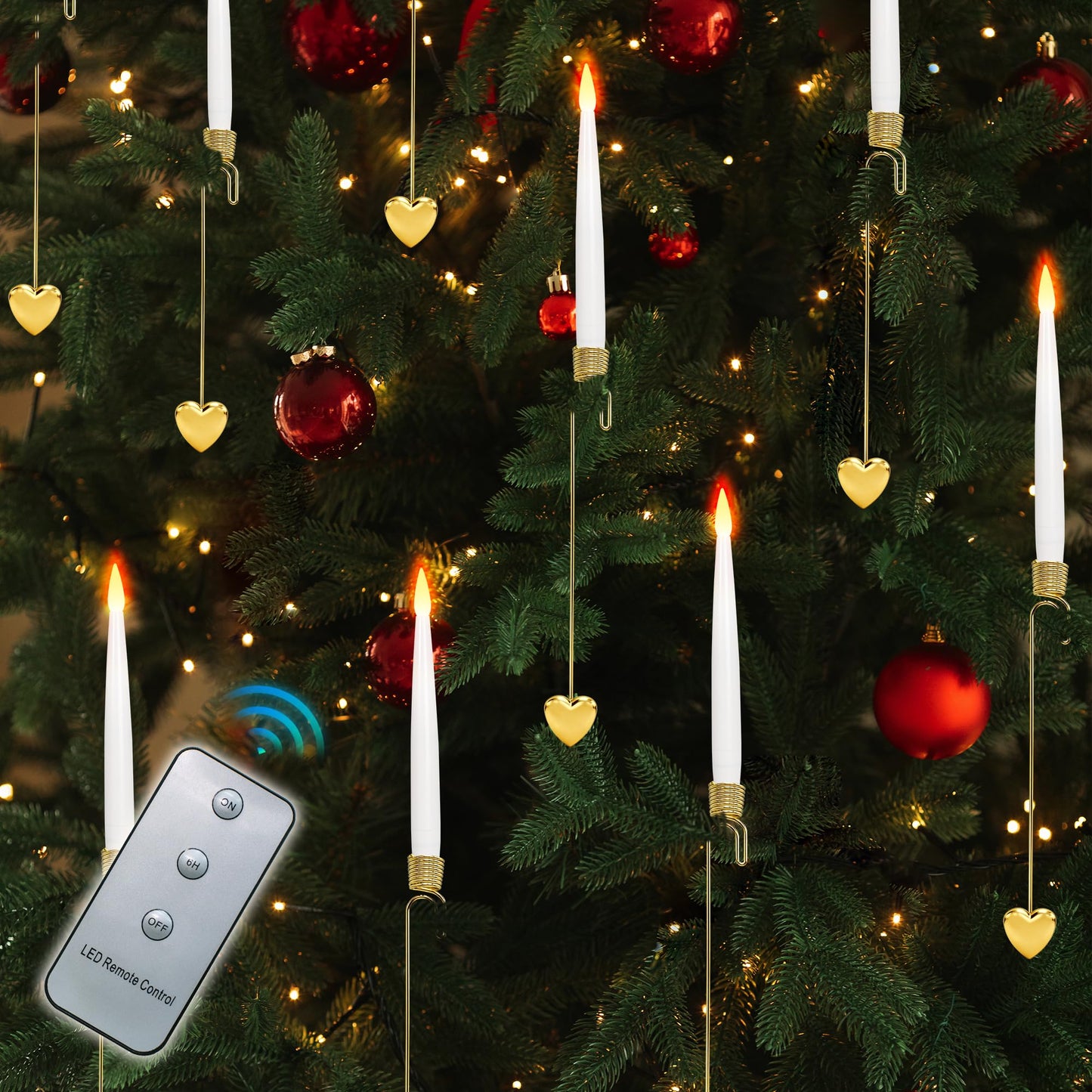 LUSHARBOR Christmas Tree Candles, 10 Pack Flameless Taper Candles for Christmas Tree Decor, Fake LED Candle Battery Operated with Remote for Xmas Wedding Home Gift with Gold Heart Hook