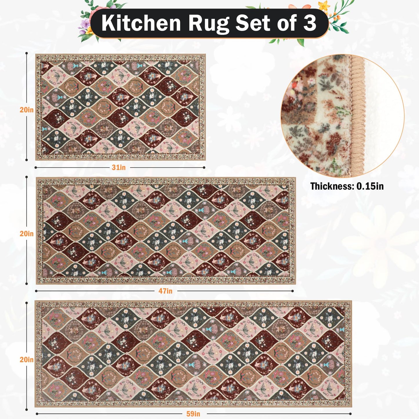 PCSWEET HOME Moroccan Trellis Kitchen Rugs Sets of 3 Non Slip Kitchen Rugs and Mats Washable Indoor Door Mat Floral Kitchen Floor Mat Carpet Runner Rugs for Hallway Laundry Room, Brown
