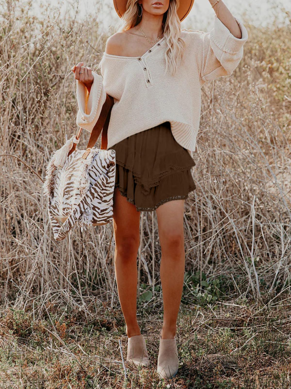 Aoudery Flowy Shorts for Women Casual Boho Ruffle Tiered Skorts High Waist Mini Skirts Golf Tennis Butterfly Crochet Shorts - Chocolate Brown XL
