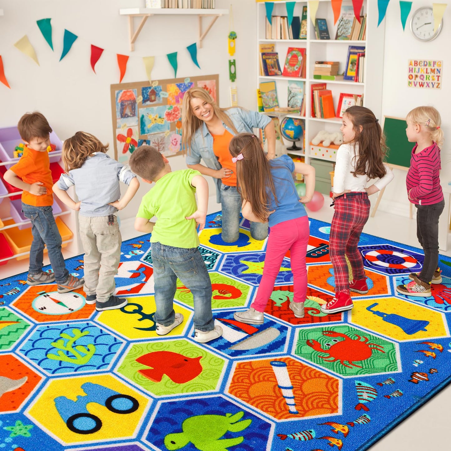 Mfmiudole Extra Large Ocean Classroom Rug with 24 Hexagon Seats, 13.3'×7.7' Educational Preschool Carpet for Circle Time, Kindergarten, Daycare and Early Learning, Non-Slip Kids Classroom Rug