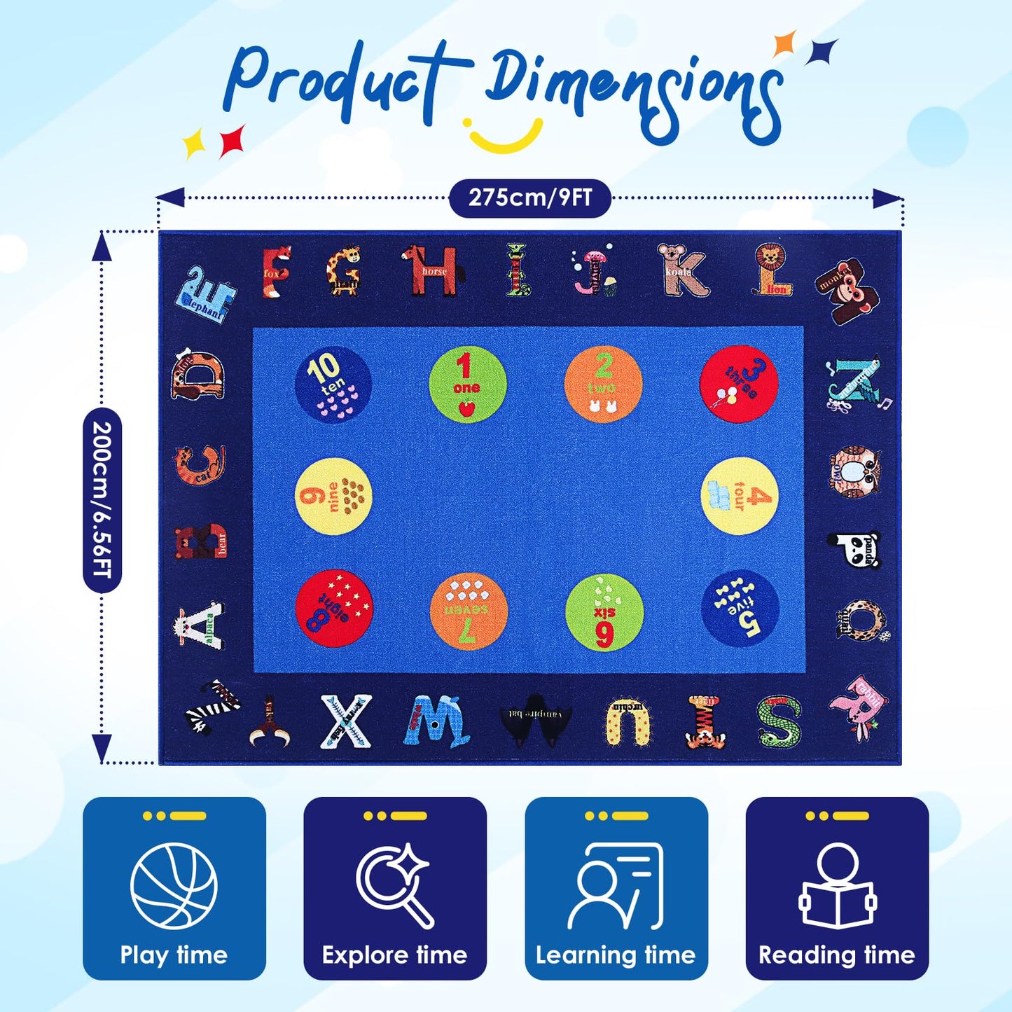 lotoo Classroom ABC Rug, Kids Rugs for Playroom, Preschool Educational Carpet for Learning Alphabet Animals Words Numbers, Kids Daycare Nursery Play Mat for Toddlers Children Bedroom School