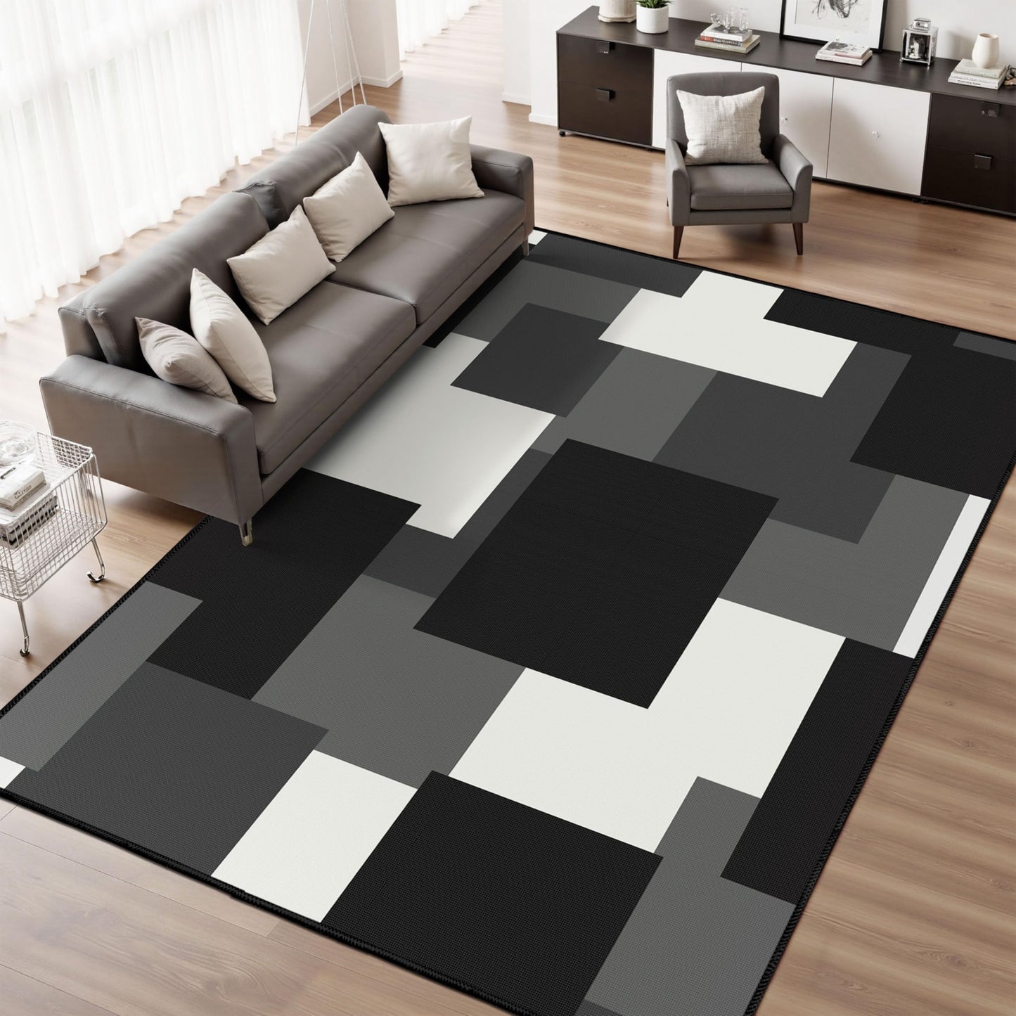 Tyrot Modern Geometric 8x10 Area Rugs for Living Room Ultra Thin Linen-Look Abstract Indoor Rug Non Slip & Non-Shedding Washable Black and White Grey Rug for Bedroom, Dining Room Home Office