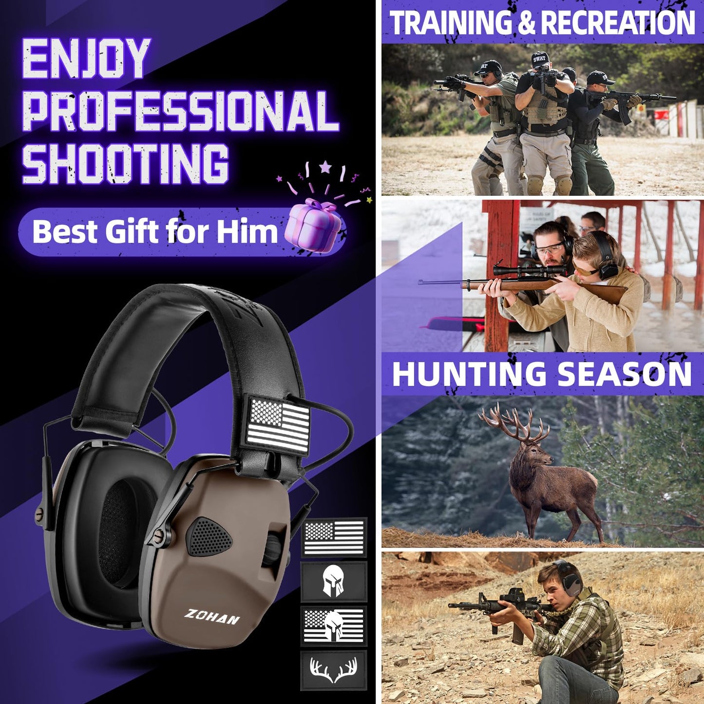 ZOHAN Electronic Shooting Earmuffs with Patches, 2Pack Hearing Protection for Shooters, NRR 23dB Noise Reduction, Gun Range Ear Protection Headphones(Black+Brown)