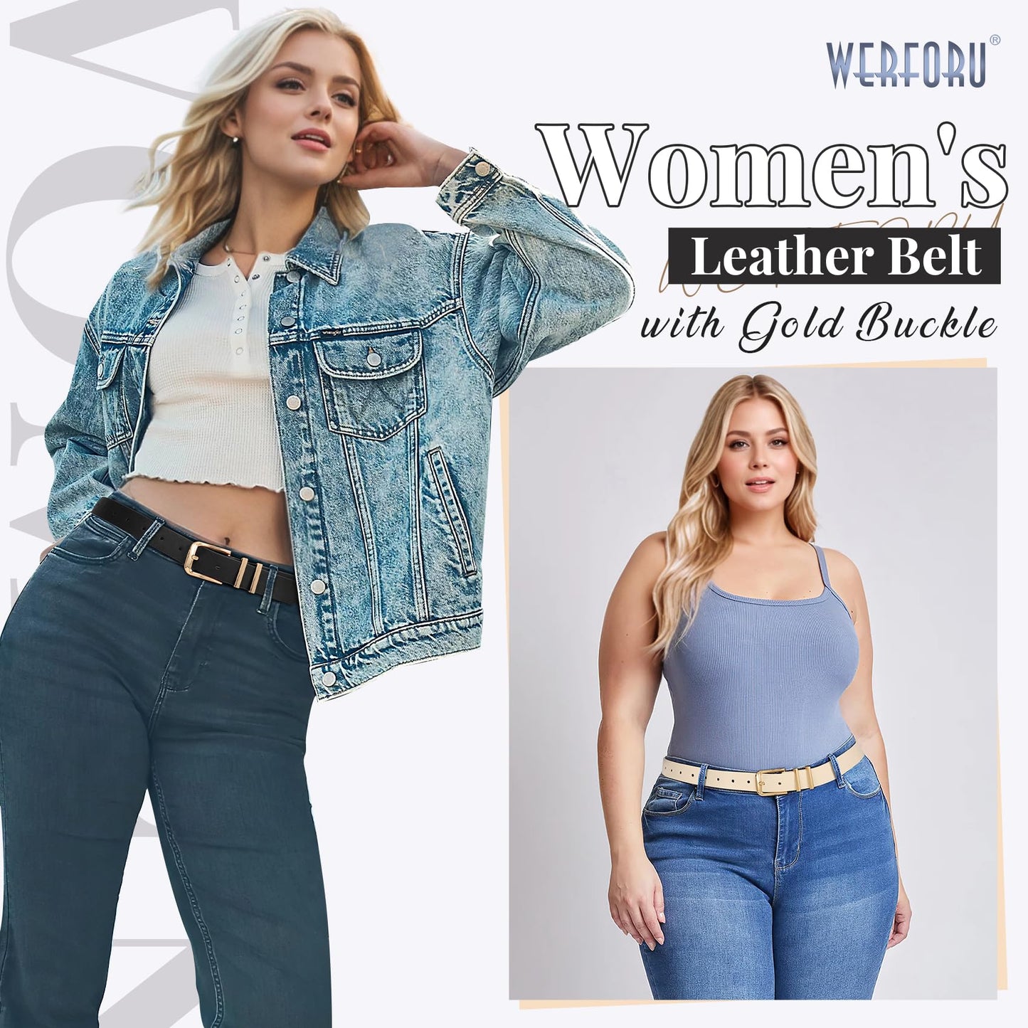 WERFORU 3 PACK Women Belt Women Fashion Leather Belts for Jeans Pants Ladies Belts with Gold Buckle,A-Black+Brown+Beige,Fit Waist Size 32-36 Inches