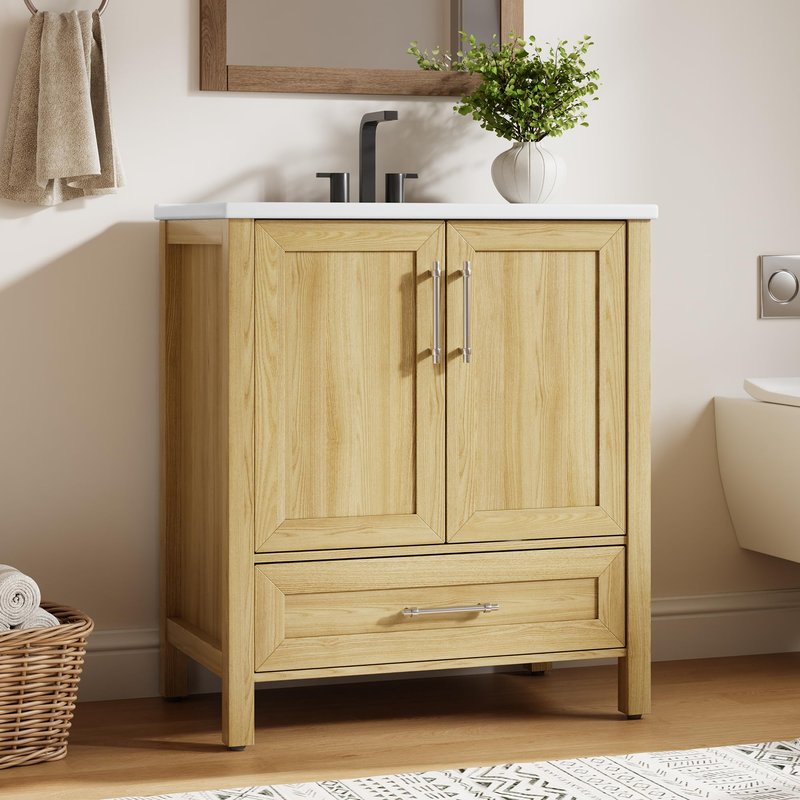 IDEALHOUSE 30" Bathroom Vanity with Sink, Freestanding Wooden Bathroom Vanity Cabinet with Soft-Closing Door and Metal Handle, Modern Floor Standing Storage for Small Spaces,Natural Wood