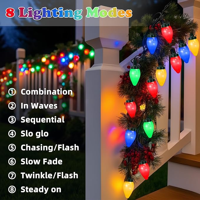 C7 35 LED Battery Operated Christmas Lights,Battery Powered Multicolor Waterproofing Bulbs,13FT 8 Modes with Auto On/Off Time for Xmas Tree Garden Patio Indoor Outdoor Christmas Decorations