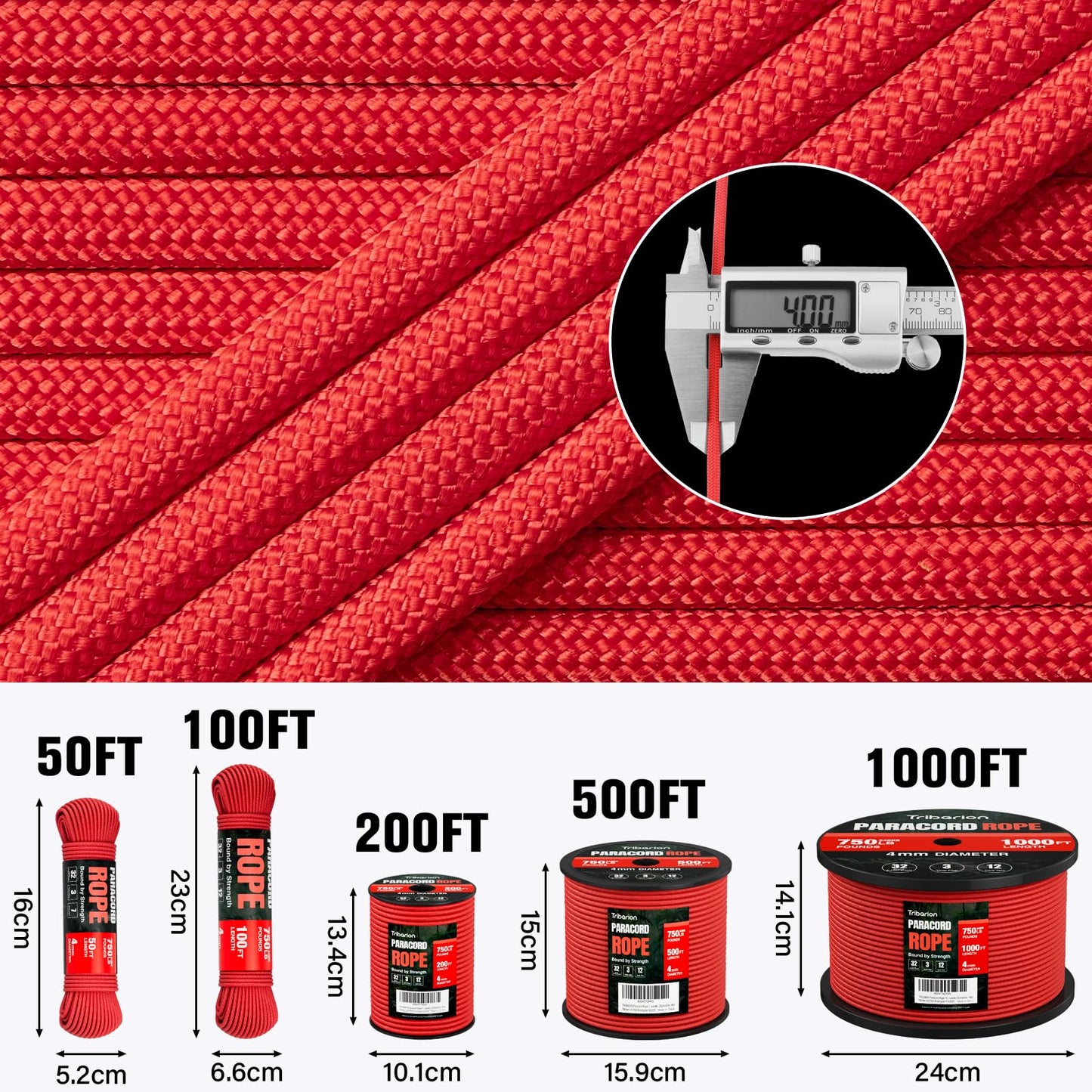 TRIBERION Paracord Rope 750 lb - 500ft 5/32" Parachute Cord 4MM 12-Strand para Cord - Heavy Duty Spool String for Survival,Camping Gear, Survival Bracelet, Clothesline - Red