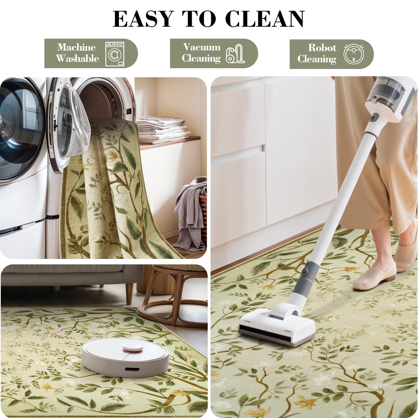 Collive Washable 5x7 Area Rugs, Green Living Room Bedroom Rug, Floral Forest Botanical Flourishing Vines Soft Non-Slip Stain Resistant Boho Carpet for Dining Room Office