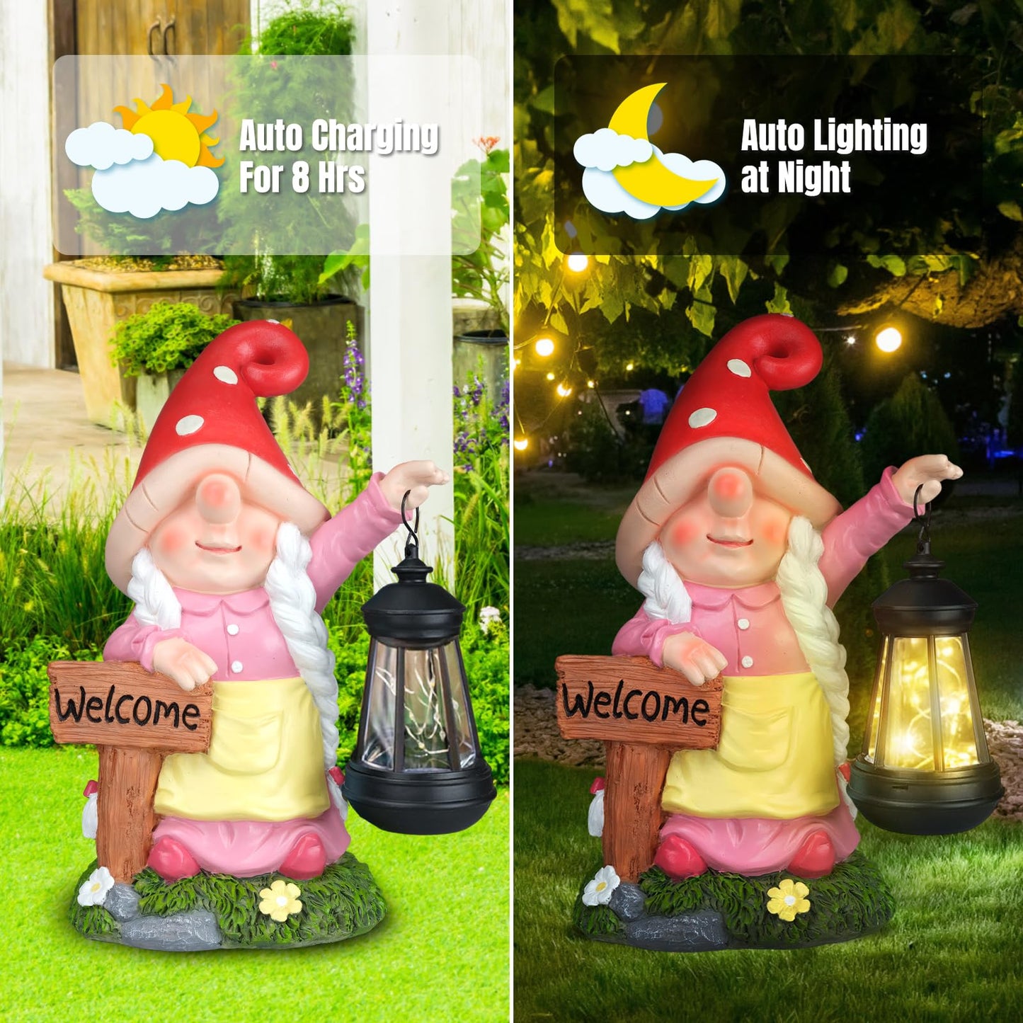 FLJZCZM Solar Garden Gnome Statue Holding LED Lantern with Welcome Sign Outdoor Ornaments Waterproof Christmas Decoration for Outside Patio Yard Lawn Decor (Pink)