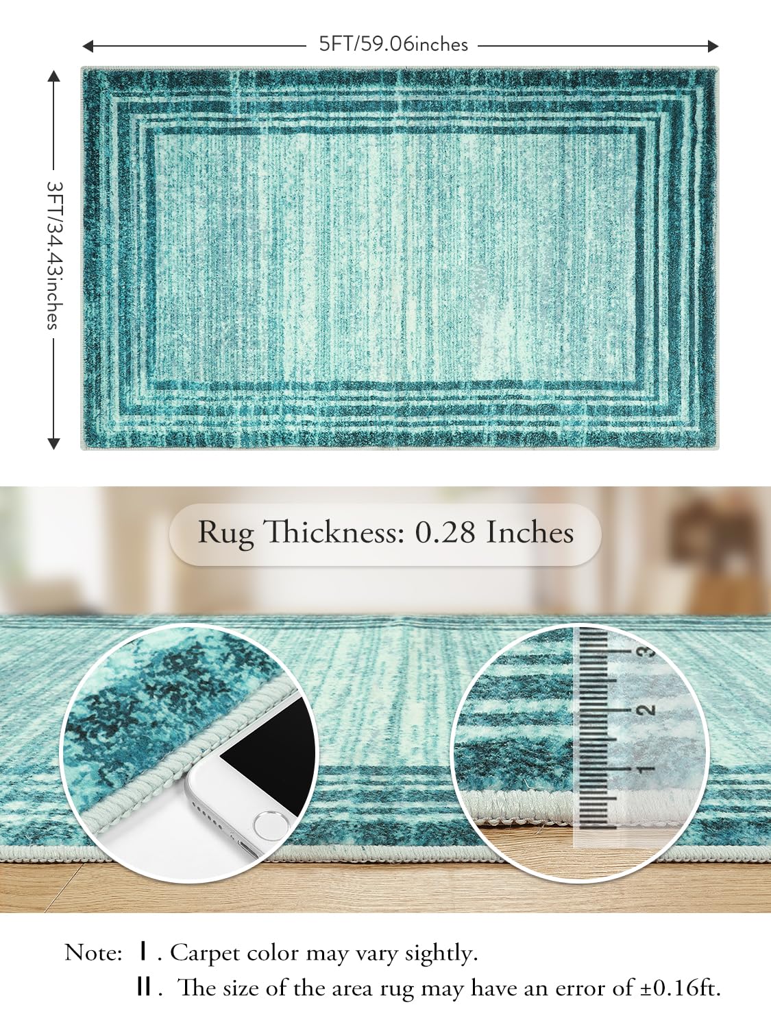 Lahome Modern Abstract Area Rug, Washable Teal 3x5 Kitchen Rugs Non Slip Large Entryway Rug Indoor, Low-Pile Soft Bathroom Mat Minimalist Throw Rug for Bedroom Living Room Stain Resistance