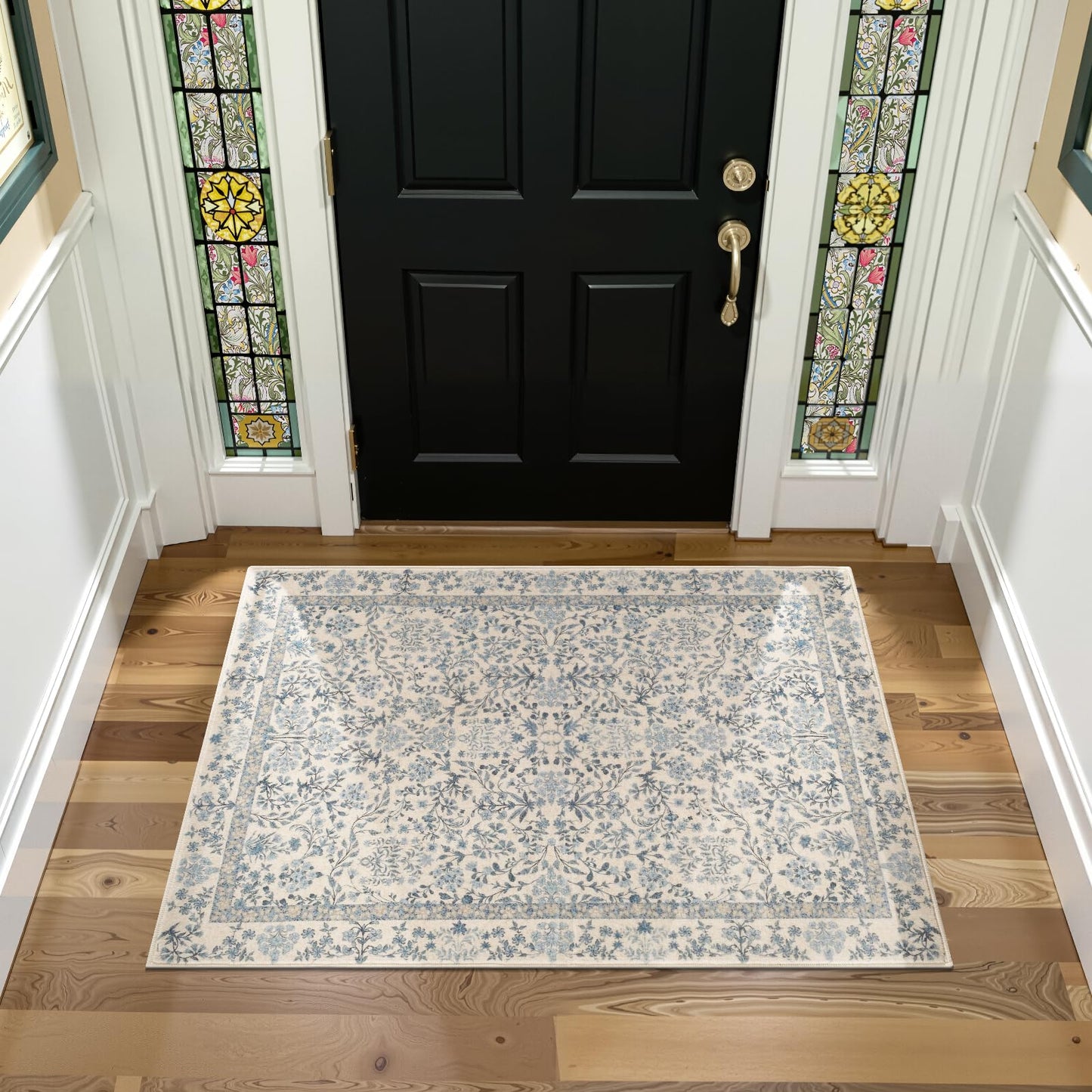 jinchan Zenith Floral 3x5 Area Rug Machine Washable Soft Low-Pile Non-Slip Vintage Botanical Aesthetic Throw Carpet for Entryway Bedroom Kitchen Living Room Nursery Blue/Cream