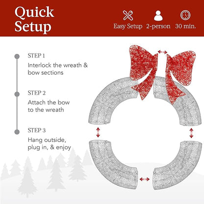 Best Choice Products 60in Pre-Lit Outdoor Christmas Wreath Decoration, LED Metal Holiday Decor for Home Exterior, Garden w/ 206 Lights, Bow - Silver/Red