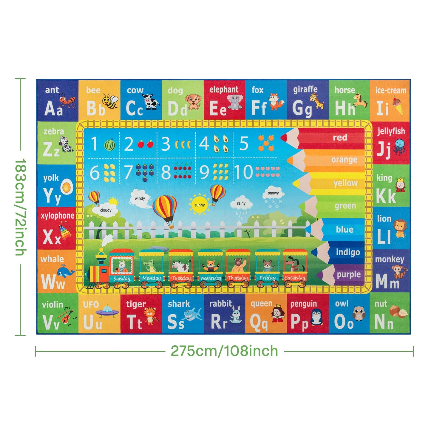 ST. BRIDGE Educational Kids Area Rug 6x9 Feet, Non Slip Play Mat Learning with ABC Alphabet, Numbers & Animals for Preschool Toddler, Soft Washable Carpet for Playroom Nursery Classroom Bedroom