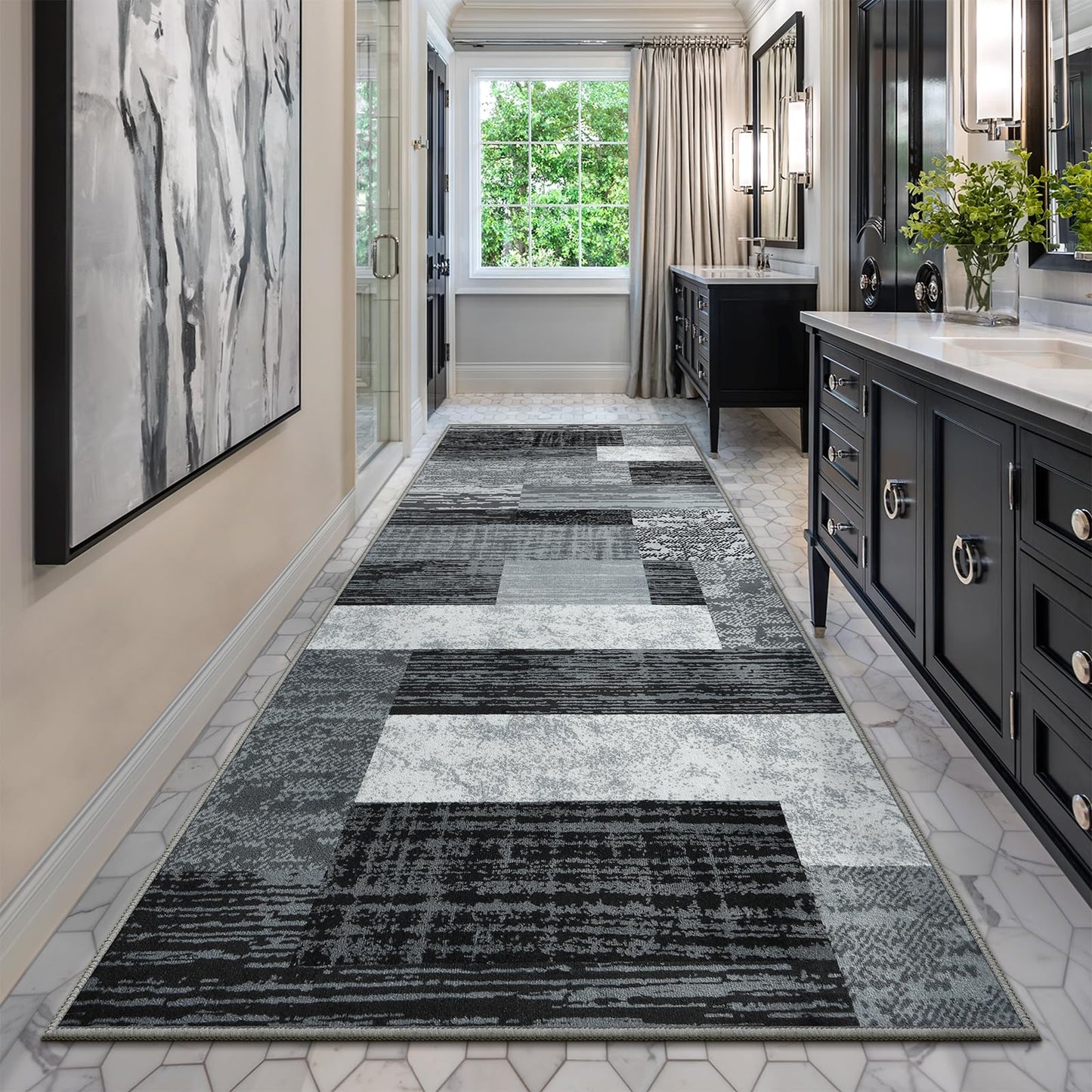 Indoor Runner Rug, Washable Runner Rug with Rubber Backing, Modern Geometric Patchwork Aesthetic Carpet for Bedroom, Living Room, Hallway, Entryway, Washable Rug Rockwood Collection, 2x6 Ft Grey