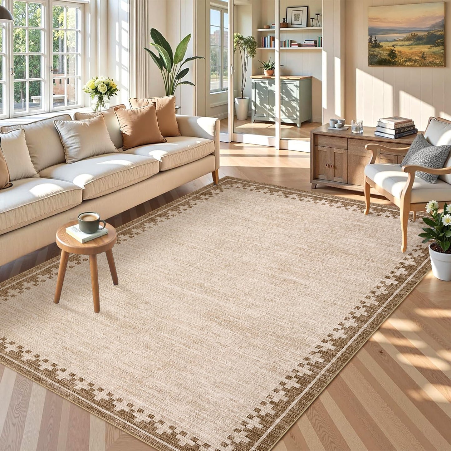 GarveeHome Neutral Bedroom Area Rugs 4x6 Washable Living Room Rugs Non Slip Stain Resistant Modern Border Throw Carpet Cross Pattern Geometric Low Pile Indoor Rugs for Dining Room Nursery Dorm, Beige