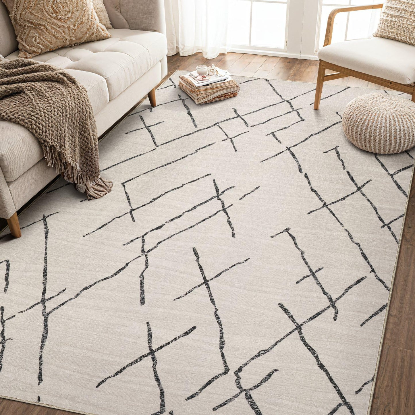 kakania 6x9 Washable Area Rug: Non Slip Soft Thin Carpet, Boho Geometric Modern Decor, Easy Clean Indoor Floor Rugs for Living Room Bedroom Kids Dorm Office Dining - Beige
