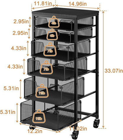 6-Tier Kitchen Storage Cart -Fruit Vegetable Storage Cart with Drawers, Wooden Top Metal Wire Kitchen Organizer and Storage Cart with Wheels to Storage Onions Potatoes Cans Snacks for Kitchen