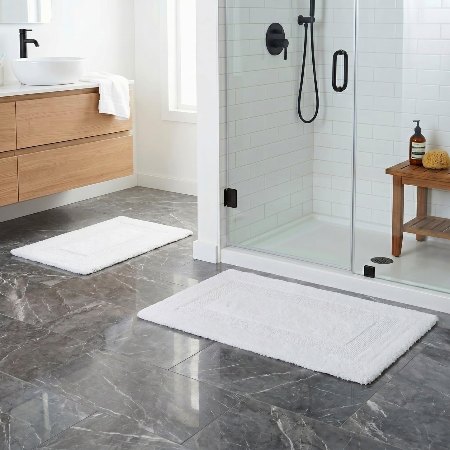Bathroom Rugs - 2-Piece Cotton Bathroom Mat Set - Machine Washable Bath Mats for Restroom, Kitchen, or Laundry Room by Lavish Home (White)
