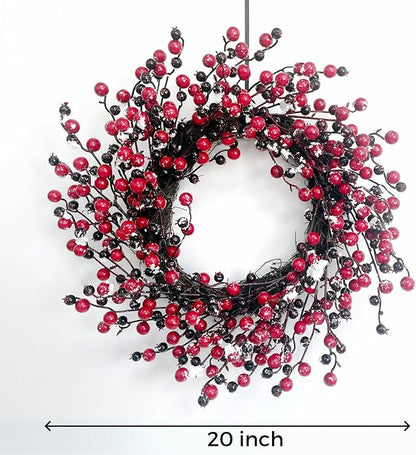 Red Berry Wreath, 20" Christmas Wreath with Red and Black Berry, Handmade Winter Wreath Christmas Wreaths for Front Door Home Indoor Outdoor Xmas Decor