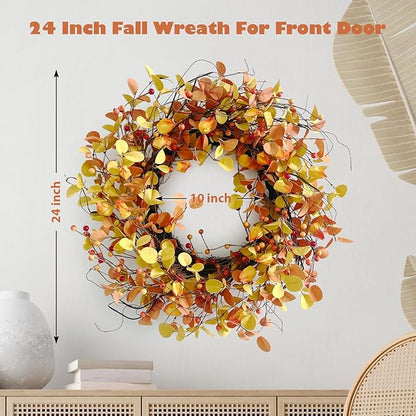 24 Inch Fall Wreath for Front Door Berry Autumn Wreath with Yellow and Orange Leaves, Large Grapevine Wreaths for Fall Door Decor Farmhouse Wall Window Home Decoration