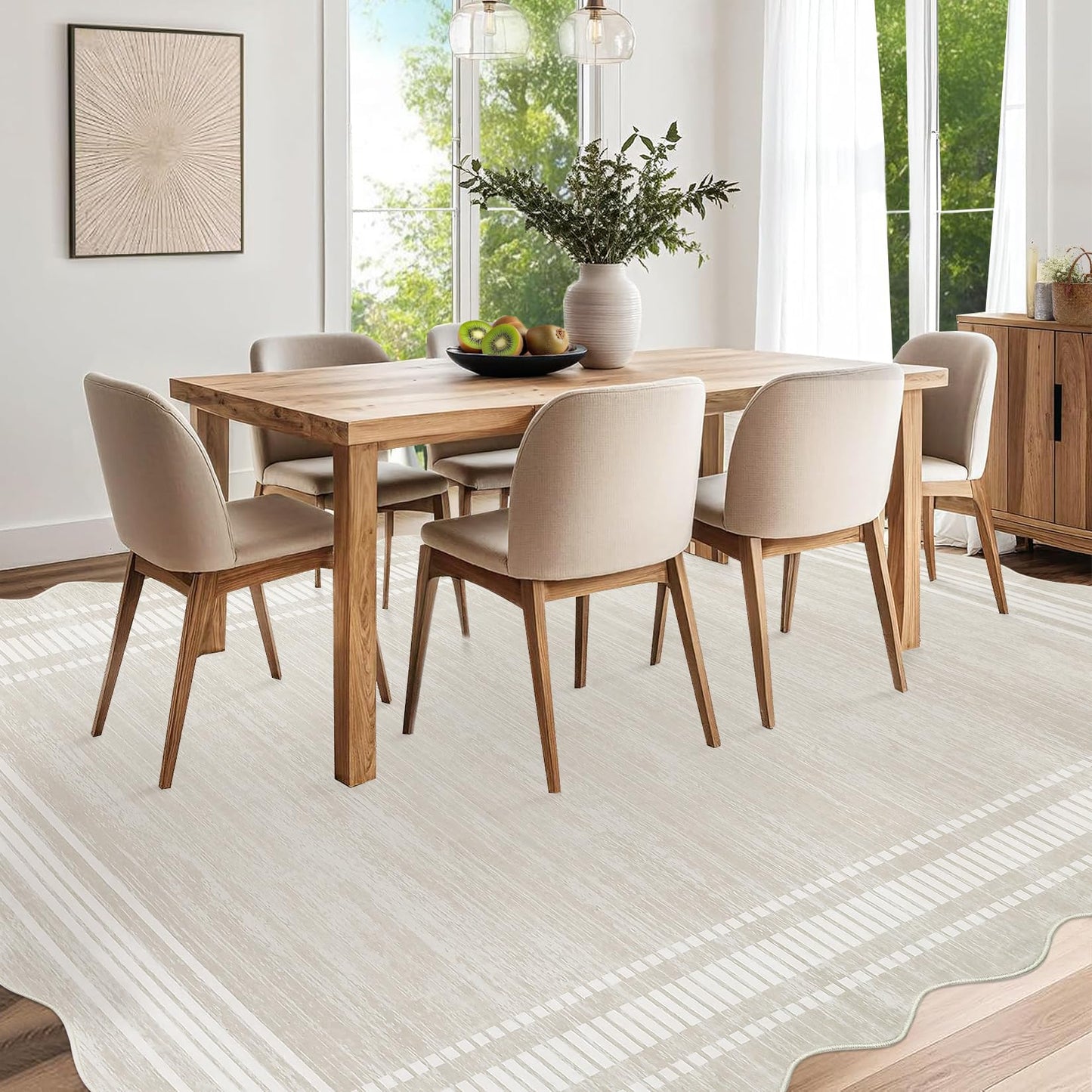 Garvee Scalloped Modern Abstract Area Rug 8x10 Washable Rug for Living Room, Non-Slip Soft Carpet for Bedroom, Scalloped Low-Pile Solid Print Accent Rug for Dining Room Home Office, Beige