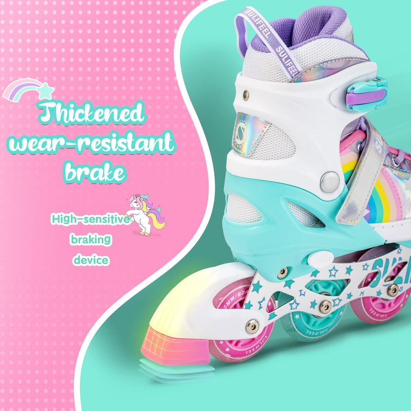 SULIFEEL Rainbow Unicorn Adjustable Inline Skates for Girls Boys and Kids with All Illuminating PU Wheels for Outdoor and Indoor Beginner Skates Medium