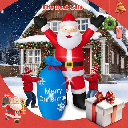 8Ft Christmas Decorations Outdoor Inflatables Giant Santa Claus Carrying a Blue Bag, Blow Up Built-in LED Lights for Party Outdoor Garden Indoor Yard Lawn