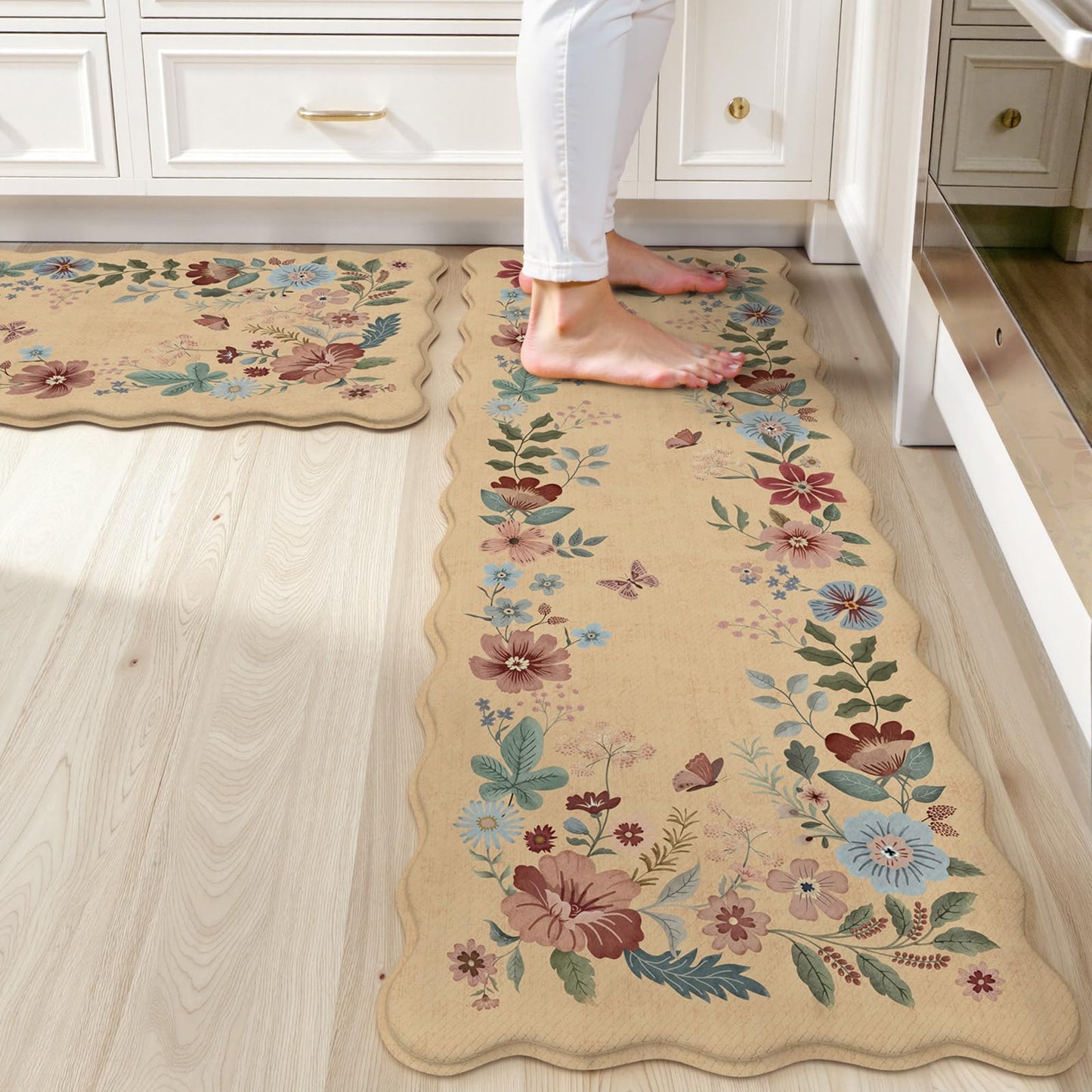 Collive Kitchen Floor Mat Cushioned Anti Fatigue, Scalloped Waterproof Kitchen Sink Rugs Non Skid Sets of 2, Memory Foam Comfort Standing Mats Boho Floral Desk Carpet for Laundry, Office, Home Decor