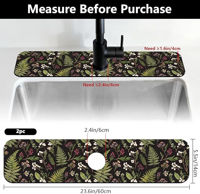 2 Pcs Kitchen Sink Splash Guard Faucet Mats Vintage Fern and Berries Pattern