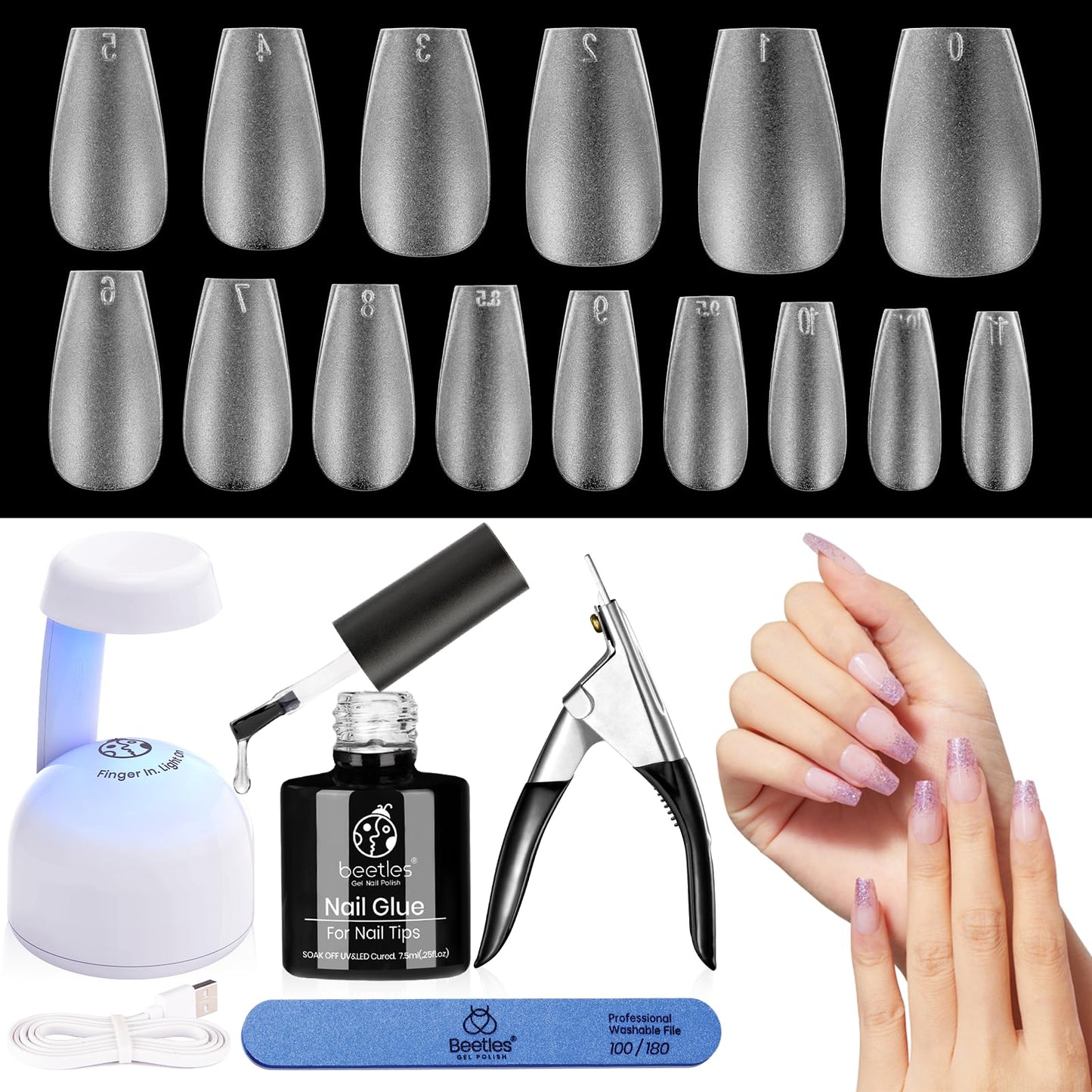 Beetles Gel Nail Extension Kit Almond Shape, Easy 9 in 1 Glue Uv Led Set Etch X Nail Tips Short Almond Half Matte Tips, Gift for Women & Girls, 504 pcs