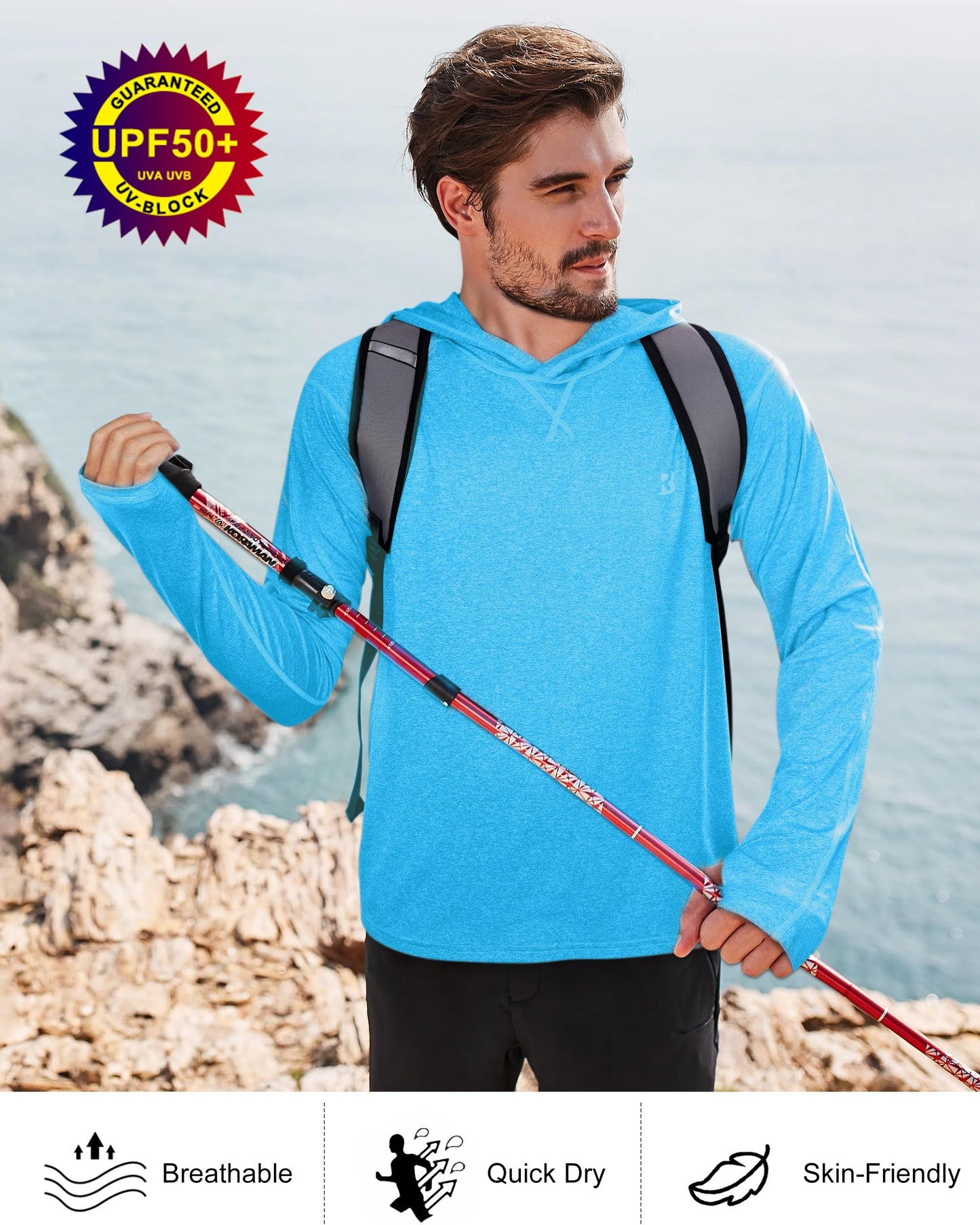 Mens UPF 50+ Fishing Swim Shirt - Long Sleeve Sun Shirts Rashguard Running Hiking Beach Workout Hooded Shirt with Thumbhole