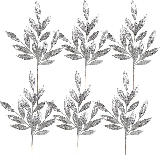 DILATATA 6Pcs Christmas Glitter Leaves Bay Leaves Spray 24" Artificial Silver Bay Leaf Picks Sprays Giltter Stems for Christmas Tree DIY Xmas Wreath Garland Home Decor - Silver