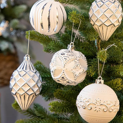 16PCS Shatterproof Christmas Ball Ornaments Set, Hand-Painted Holiday Decor with Assorted Sizes & Designs for Christmas Tree Thanksgiving Party Decoration, Silver-White