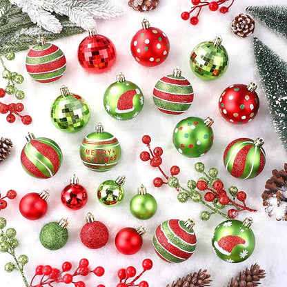 57pcs Christmas Balls with Green Fur Plastic Christmas Baubles for Tree Decoration Red Green Glittering Hanging Xmas Balls with Swirl Candy Cane for Home Holiday Party Indoor Decor