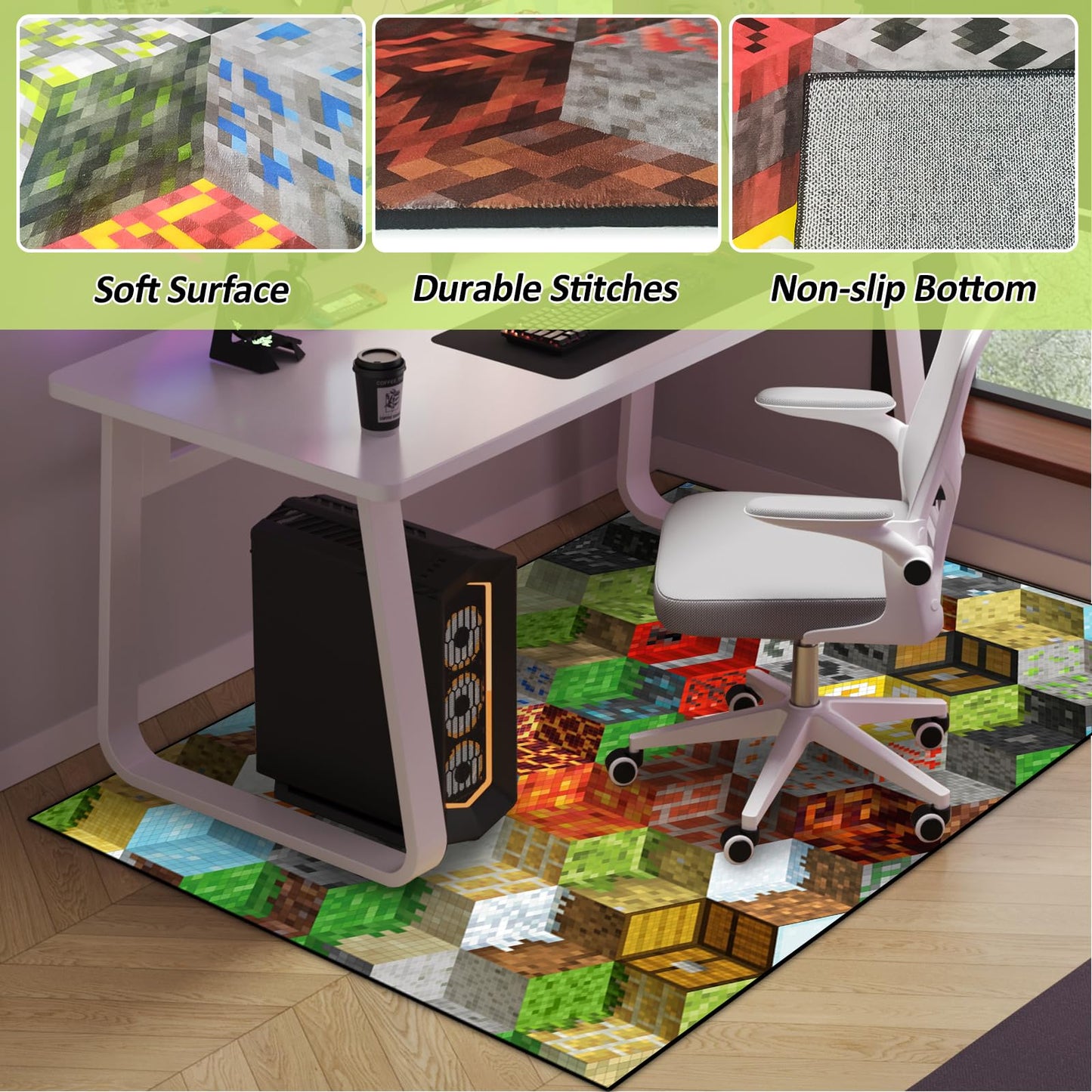 Block Game Rug Teen Boys Carpet with Pixel Games Element Decoration Mat, Cube Block Game Rugs for Boy’s Bedroom Living Room Playroom, Non-Slip Children Gaming Area Rugs (60" x 40")