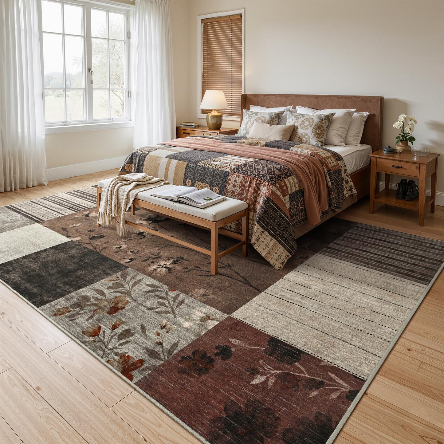 DweIke Area Rugs 4'x6' Washable Brown Rug for Living Room, Non-Slip Modern Geometric Patchwork Stain Resistant Indoor Throw Carpet for Bedroom Dining Room Farmhouse Office Decor