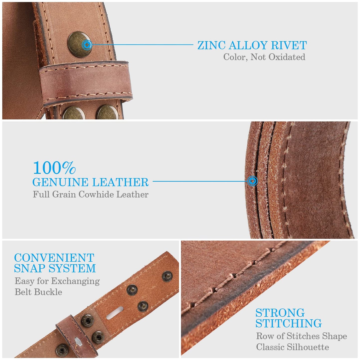 NPET Mens Leather Belt Full Grain Vintage Style, Stitches Leather Belt for Men, Snap on Strap 1 1/2" Wide
