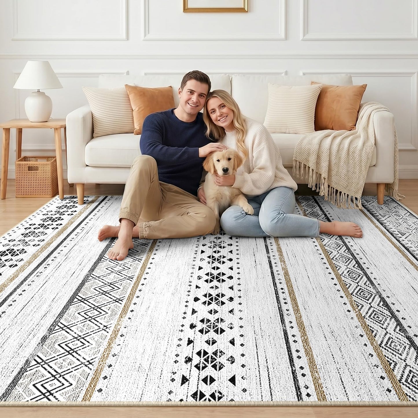 BESTSWEETIE 8x10 Area Rugs for Living Room Washable Moroccan Farmhouse Neutral Geometric Low Pile Non-Slip Soft Print Pattern Rug for Bedroom Kitchen Dining Room Entryway Black/Brown