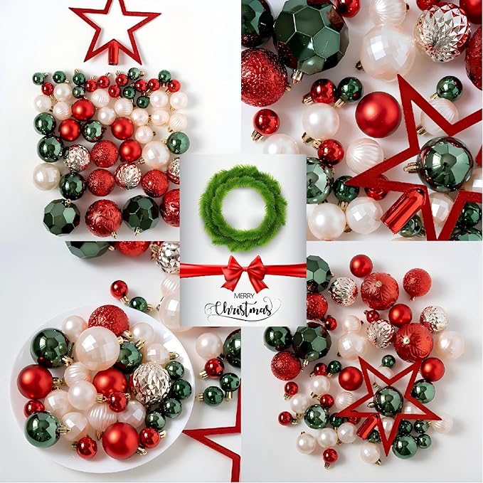 50 PCS Christmas Ball Ornaments Set, Classic Red Green Golden White Decorations, Mixed Shapes & Finishes, All-in-One Tree Decorating Kit, Gift & Home Holiday Decor