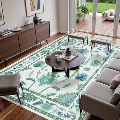 Uphome Green Washable Rugs 8x10, Floral Oushak Rugs for Living Room Bedroom, Non-Slip Soft Turkish Dining Room Rug, Modern Abstract Ultra-Thin Large Carpet for Office Playroom Dorm