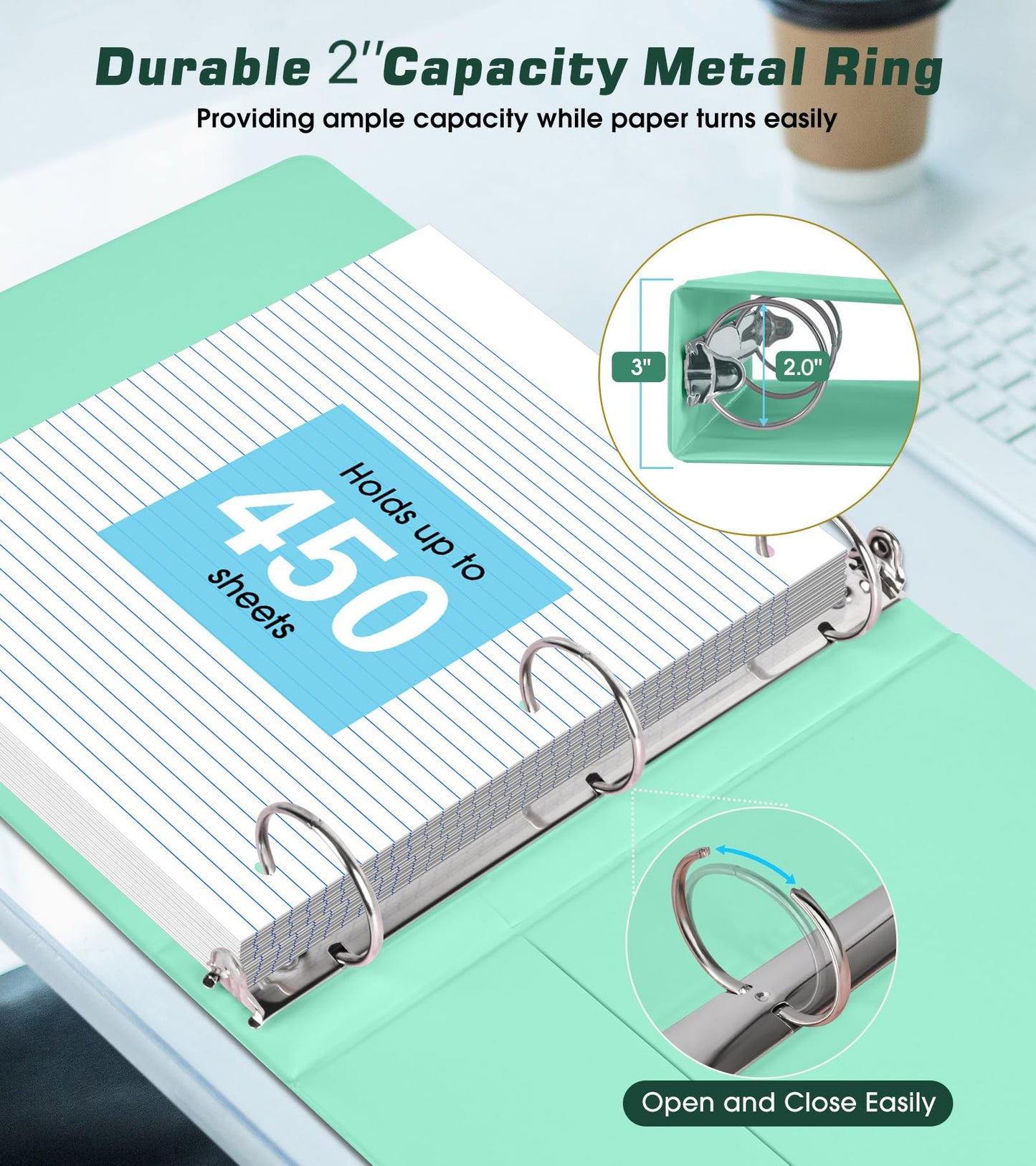 3 Ring Binder 2 inch，Cute Binder Organizer with 5 Tab Dividers Fits 175 Sheets of 8.5x11 Paper, Customizable Clear Cover with Inside Pockets, Aesthetic 2" Three Ring Binders for School Office，Green