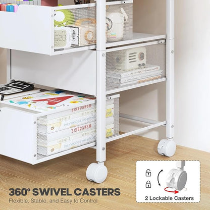 Rolling Cart with Drawers, Wooden Top and Front, with Wheels Metal Under Desk Storage Cart with 4 Drawers, for Office, Bedroom, Classroom, Home, White